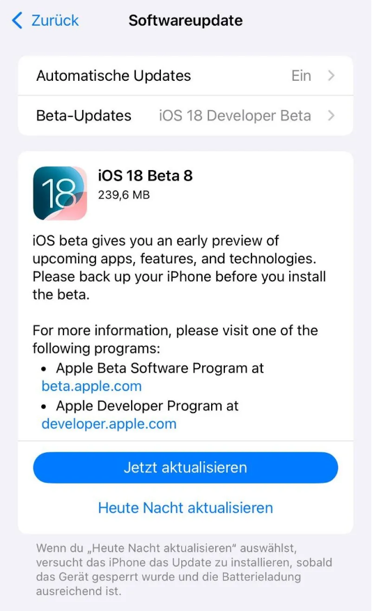 麦积苹果手机维修分享苹果 iOS / iPadOS 18 开发者预览版 Beta 8 发布 